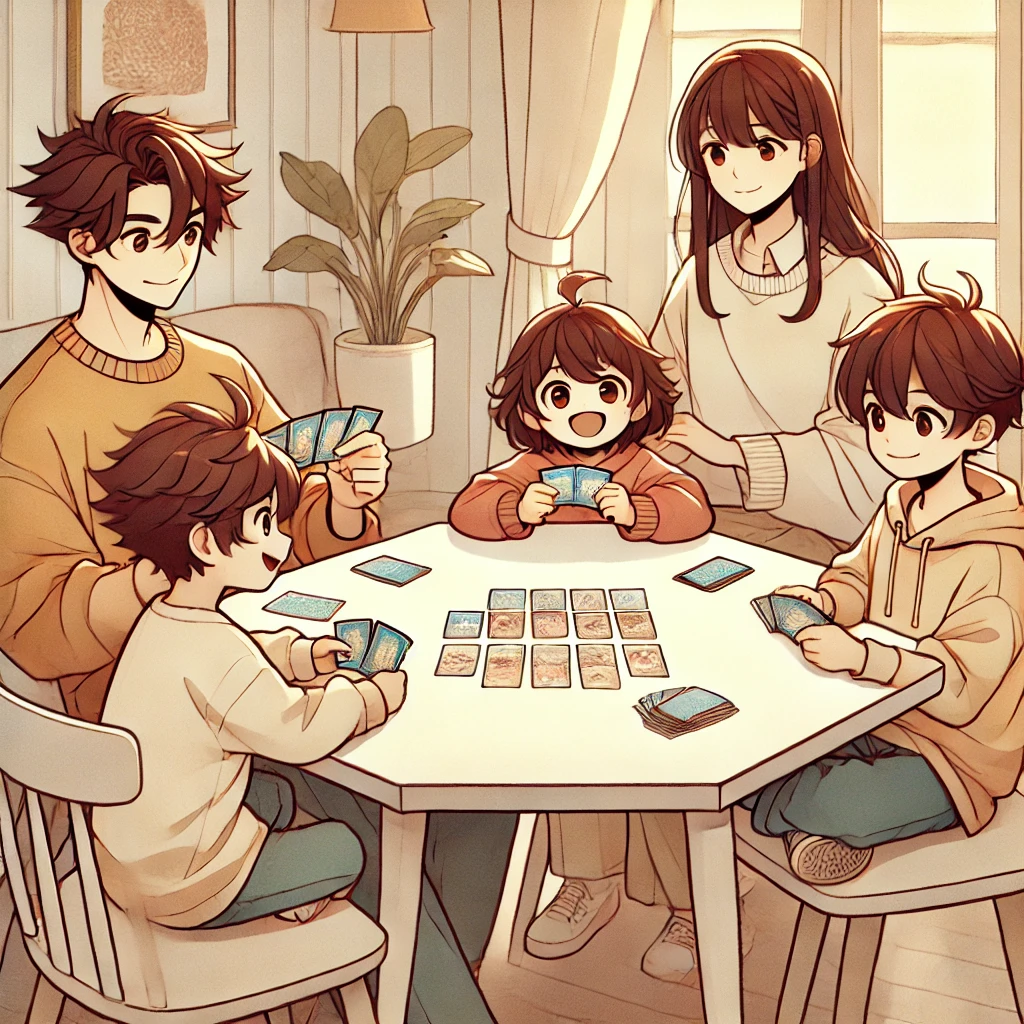 kids with family playing cards